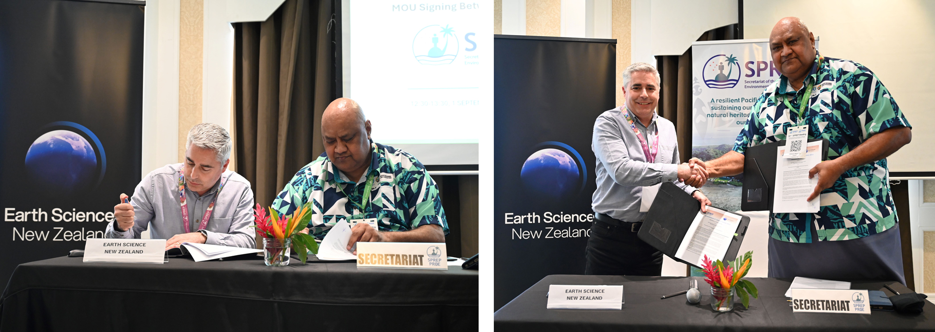 ESNZ Manager of the Pacific Centre, Connon Andrews and SPREP Director General, Mr. Sefanaia Nawadra sign the MOU.