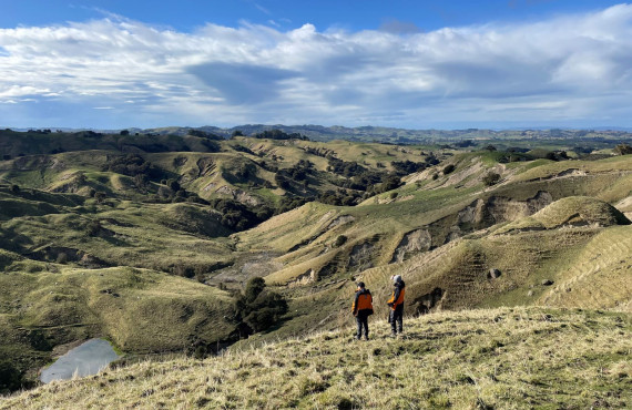 ESNZ engineering geologists Chris Massey and Kerry Leith survey Cyclone Gabrielle landslides in Hawkes Bay (web)