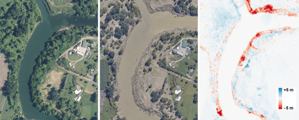 An example section of the Wairoa River showing aerial imagery before Cyclone Gabrielle (left), after Cyclone Gabrielle (centre) and elevation change (right).