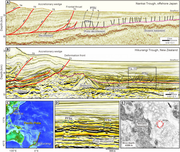 Seismic reflection profiles illustrating the frontal accretionary wedge and PFSs in Nankai Trough, Japan, and Hikurangi Trough, New Zealand.